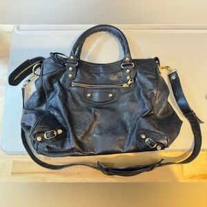 Balenciaga Black Leather Shoulder Bag with Gold-Tone Hardware